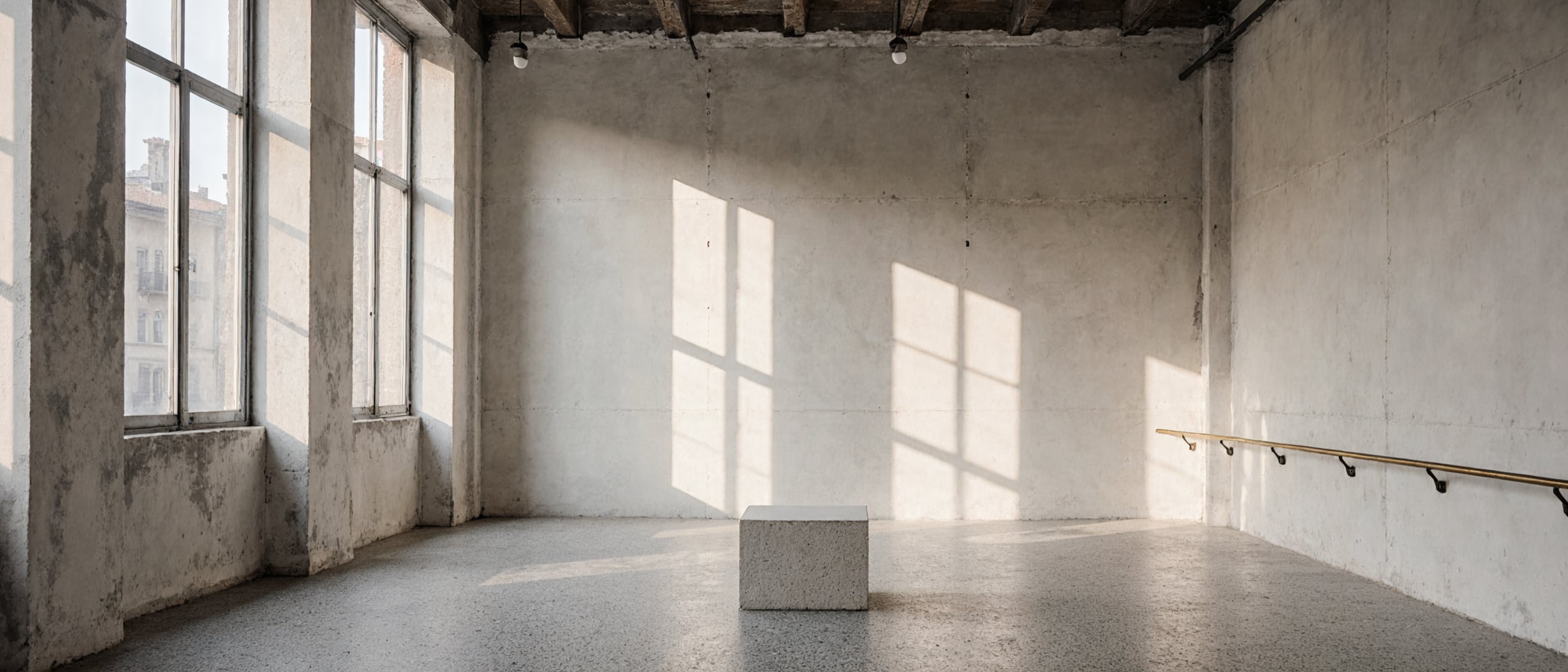An empty showroom with terrazzo flooring, tall windows, pale walls and a single illuminated display plinth.