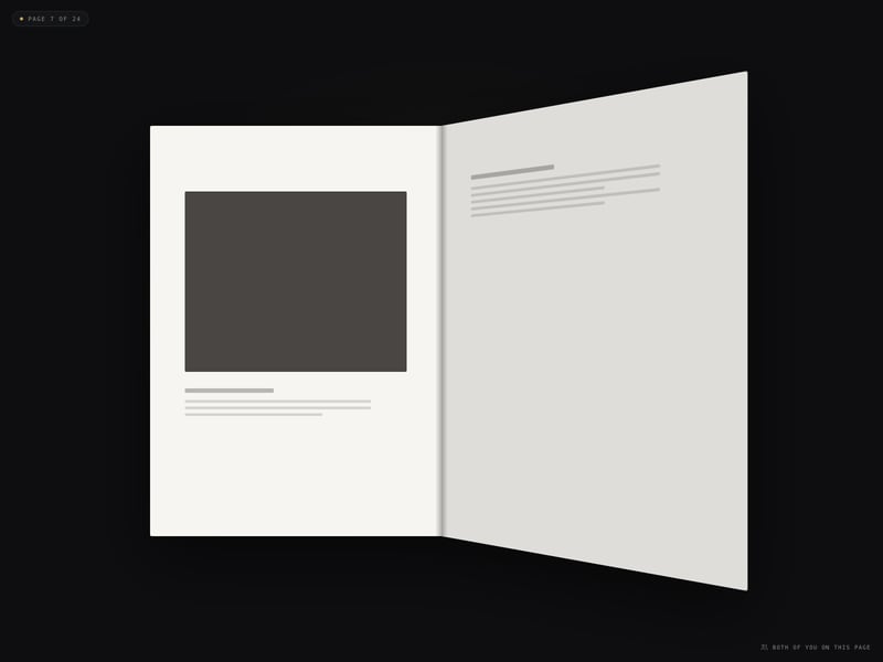 A brochure open on the stage with its right page caught mid-turn, labelled page 7 of 24, and a note that both people are on this page.