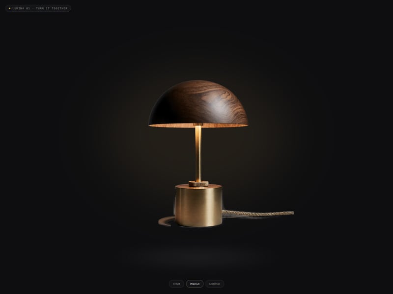 A walnut-shaded table lamp lit on a dark stage, with Front, Walnut and Dimmer offered as views beneath it.
