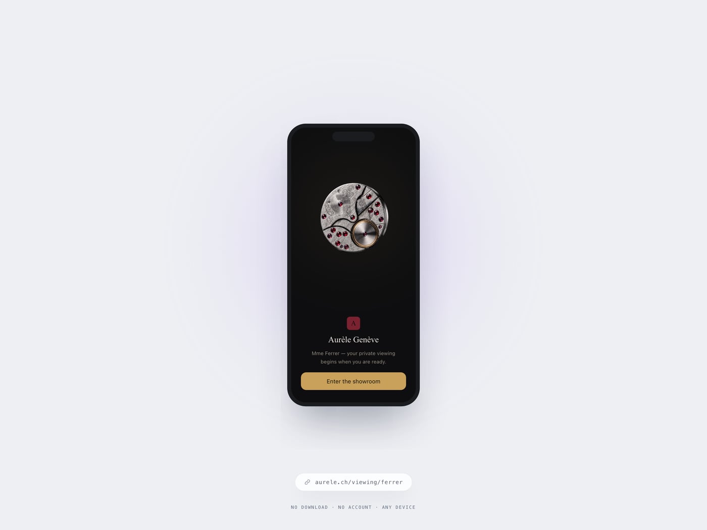 A phone showing a branded arrival screen — the maison’s calibre lit on the stage, the guest’s own invitation and one button into the showroom — above the short link that opened it.