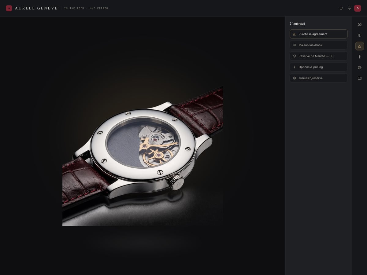The room with its contract panel open: a purchase agreement, a lookbook, a 3D model and a pricing sheet listed beside the staged watch.
