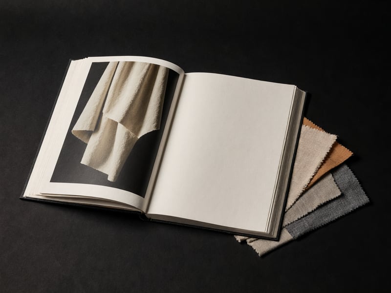 A large-format lookbook lying open on a dark stage, one page carrying a photograph of draped cloth, fabric swatches fanned beside it.