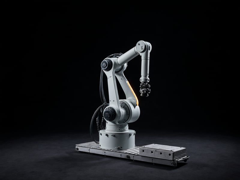 A six-axis robotic production cell alone on a dark stage, its arm reaching over a short section of conveyor.
