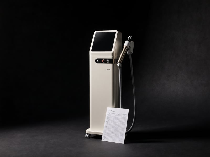 A floor-standing aesthetic-medical device on a dark stage, its control face dark and switched off, a printed page of clinical results leaning against its base.