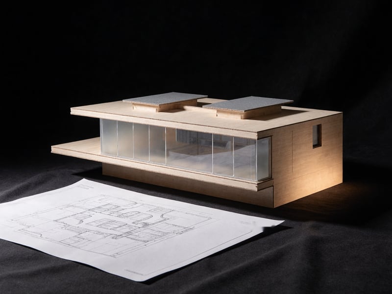 An architect's basswood model of a low modern villa on a dark stage, a printed floor plan lying flat beside it.