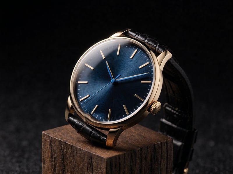 A gold dress watch with a deep blue sunray dial, tilted on a block of dark oiled walnut.